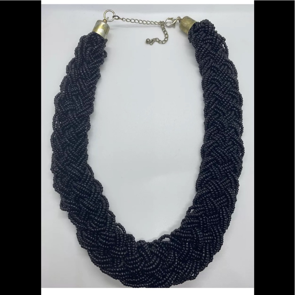Large Chunky Vintage Black Beaded Braided Necklace